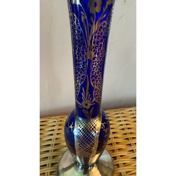 Vintage 50's Venetian Art Glass Bud Vase Blue Silver Overlay Gondola - Picture 8 of 11
